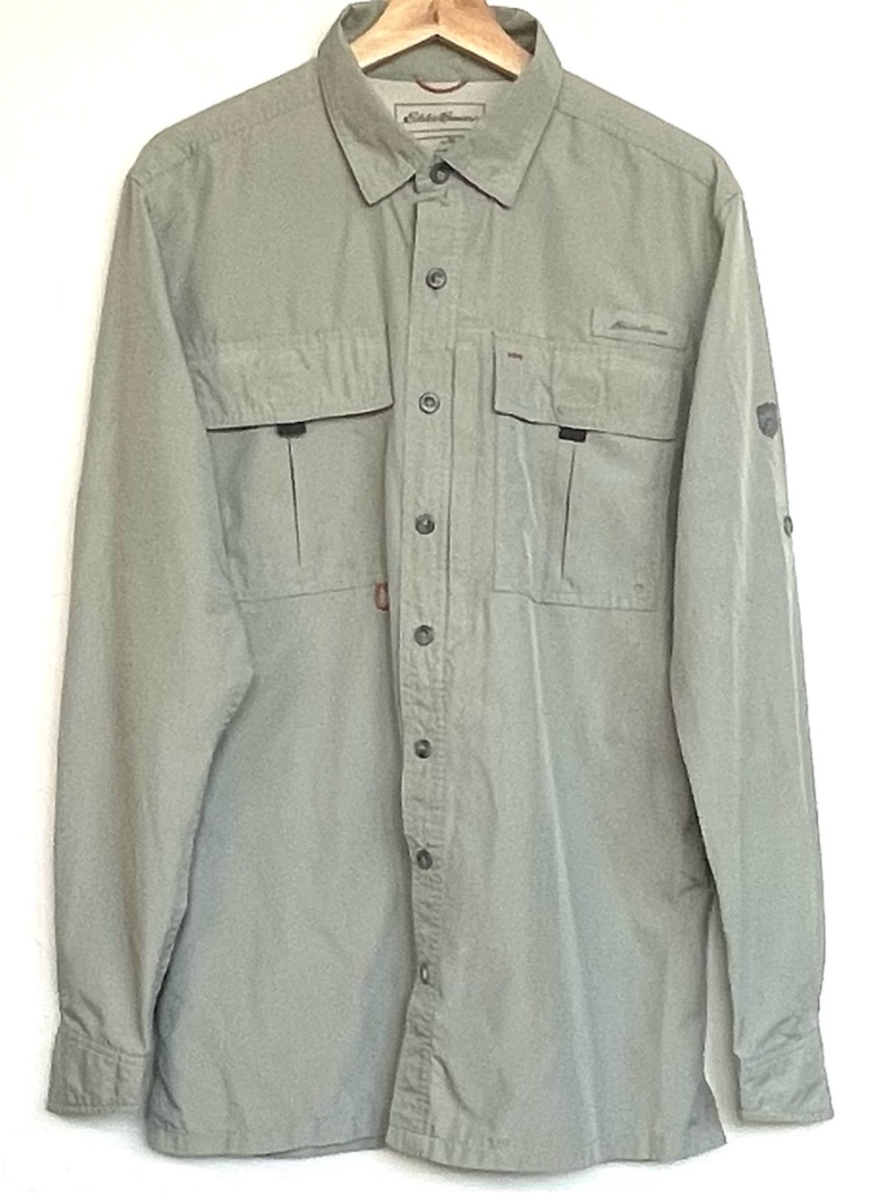 Eddie Bauer Mens TMedium Green Micro-Check Long Sleeve Performance Fishing Shirt